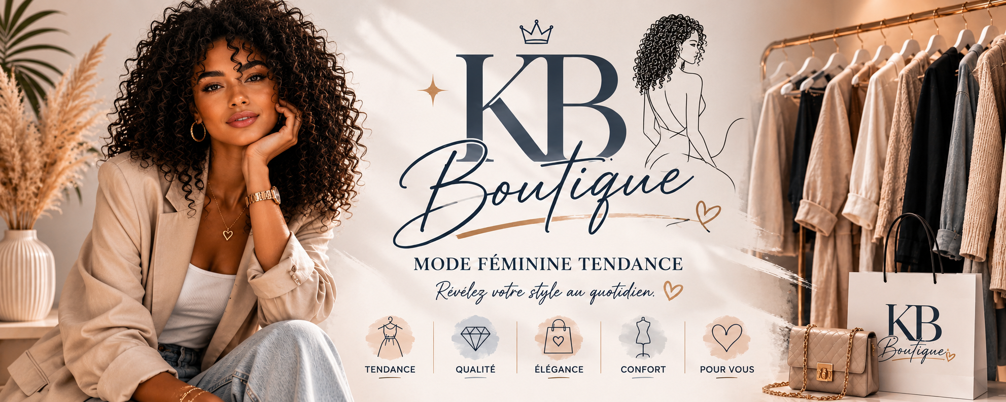 Bannière KB Boutique avec une femme métisse ecrit mode féminine avec un style au quotidien. KB Boutique c’est la mode la qualité et l’élégance surtout le confort pour vous.