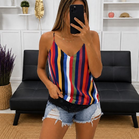 Top satiné à rayures multicolores